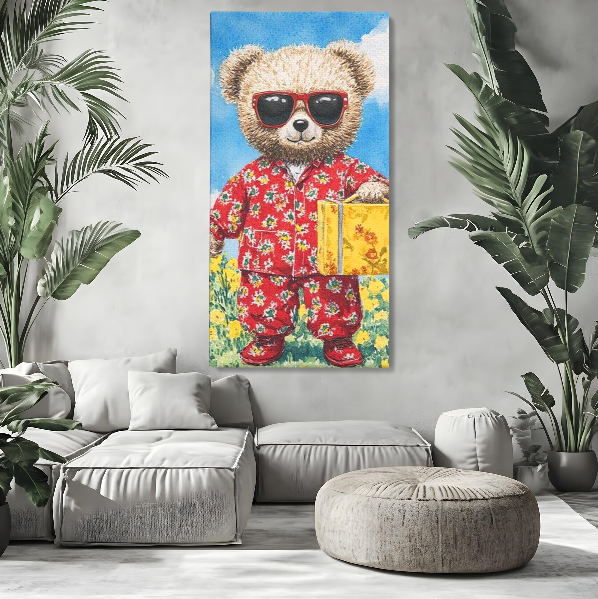 Tablou canvas cu tablou canvas cu ursulet in pijamale, fara rama, pe sasiu de lemn, pe perete intr-un living